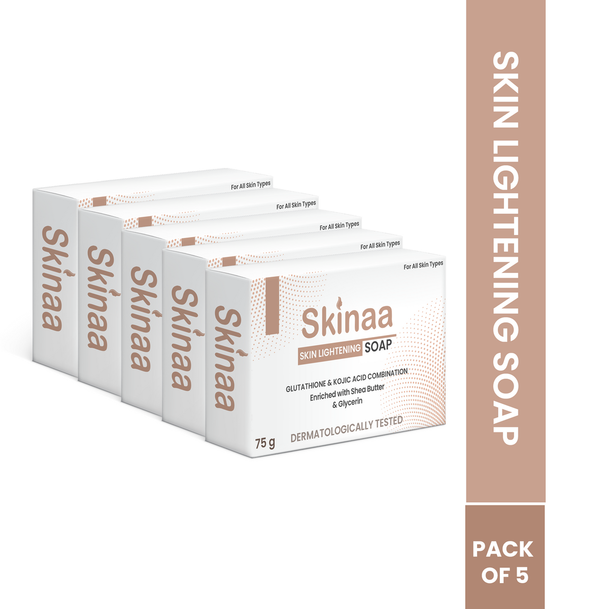 Skinaa Skin Lightening Soap Pack of 5 with Glutathione and Kojic Acid, enriched with Shea Butter and Glycerin for glowing, nourished, and healthy skin.