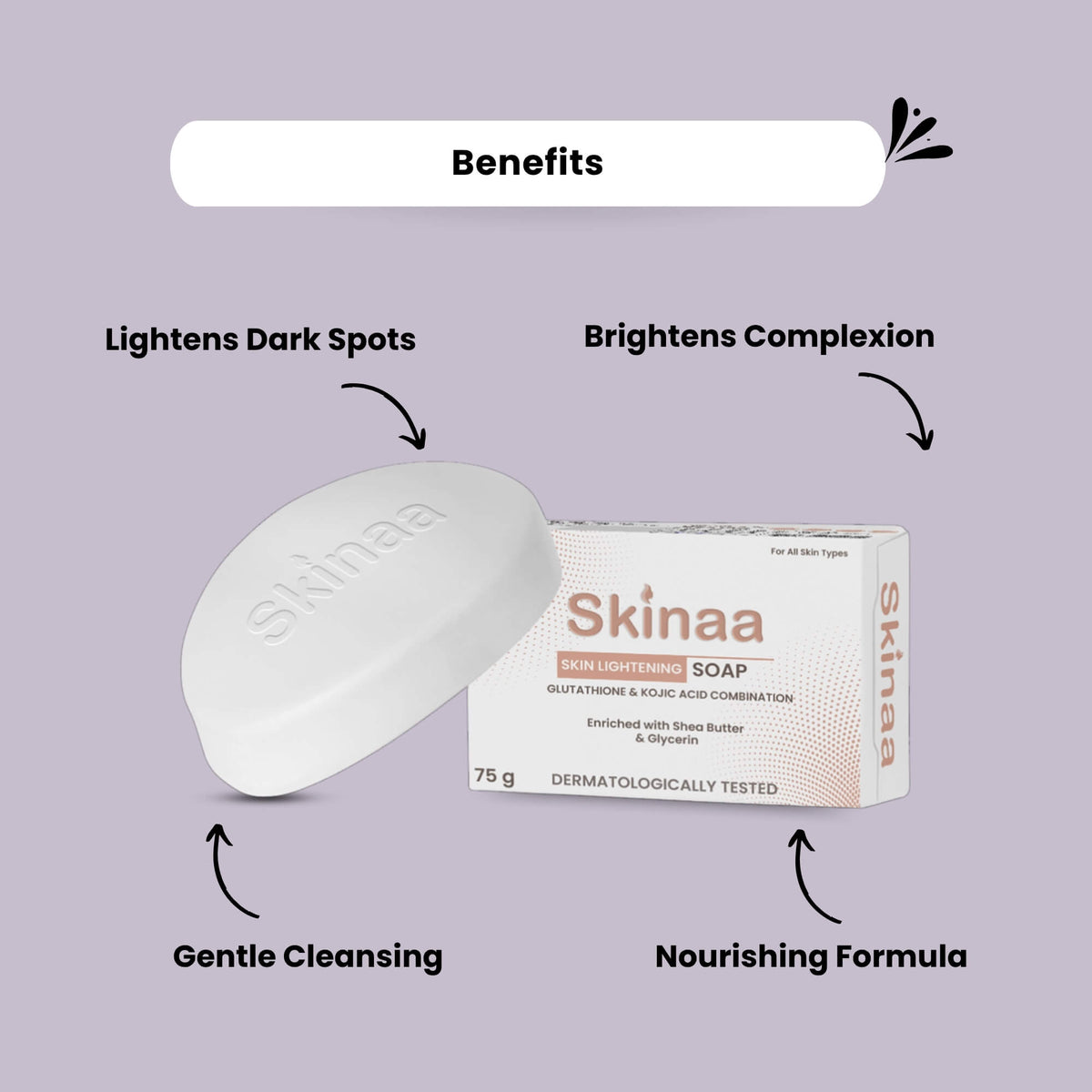 Skinaa Skin Lightening Soap with Glutathione and Kojic Acid – brightens complexion, lightens dark spots, gently cleanses, and nourishes skin.
