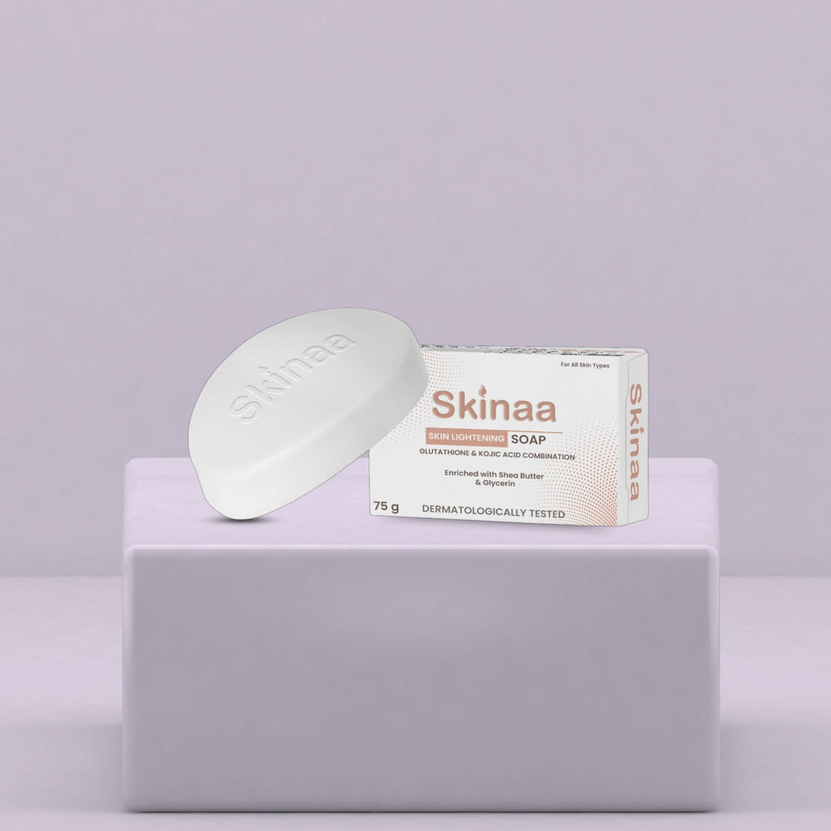 Skinaa Skin Lightening Soap with Glutathione and Kojic Acid, dermatologically tested soap for brightening skin, reducing dark spots, and gentle daily cleansing