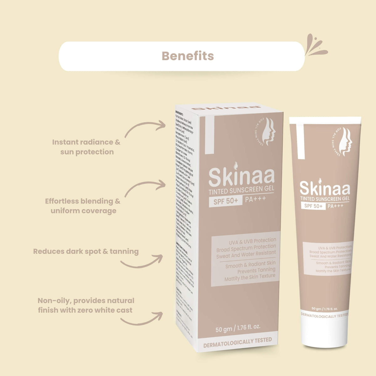 Skinaa Tinted Sunscreen Gel SPF 50+ PA+++ benefits – instant radiance, effortless blending, reduces dark spots and tanning, non-oily natural finish with zero white cast