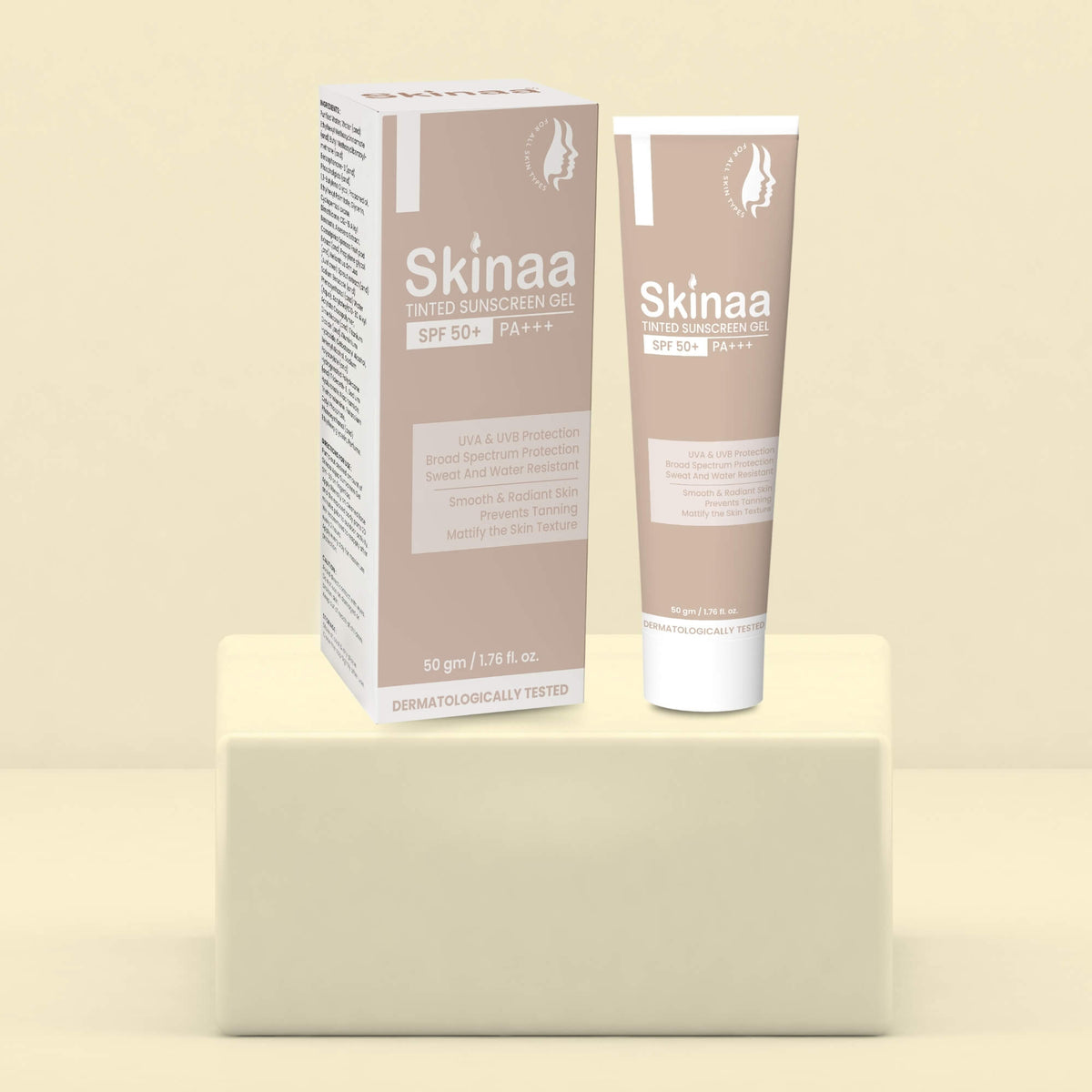 Skinaa Tinted Sunscreen Gel SPF 50+ PA+++ with natural tint for flawless coverage, broad-spectrum UVA/UVB protection, and non-greasy finish – 50 gm pack