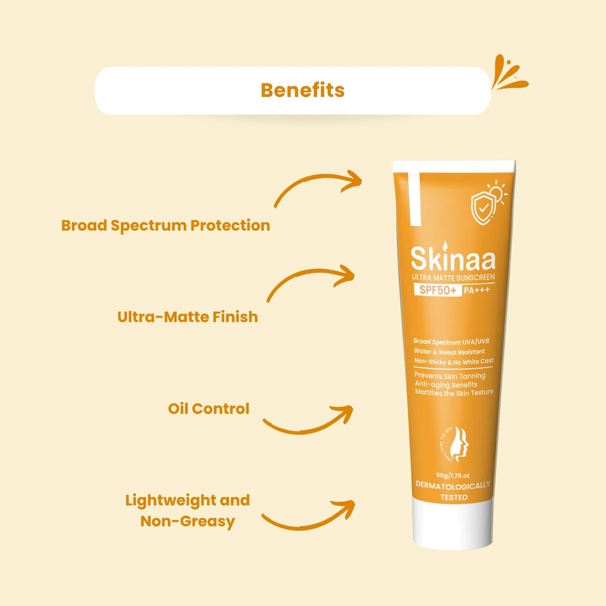 Skinaa Ultra Matte Sunscreen Gel SPF 50+ PA+++ benefits graphic on beige background with tube shown, highlighting broad spectrum protection, ultra-matte finish, oil control, and lightweight non-greasy formula