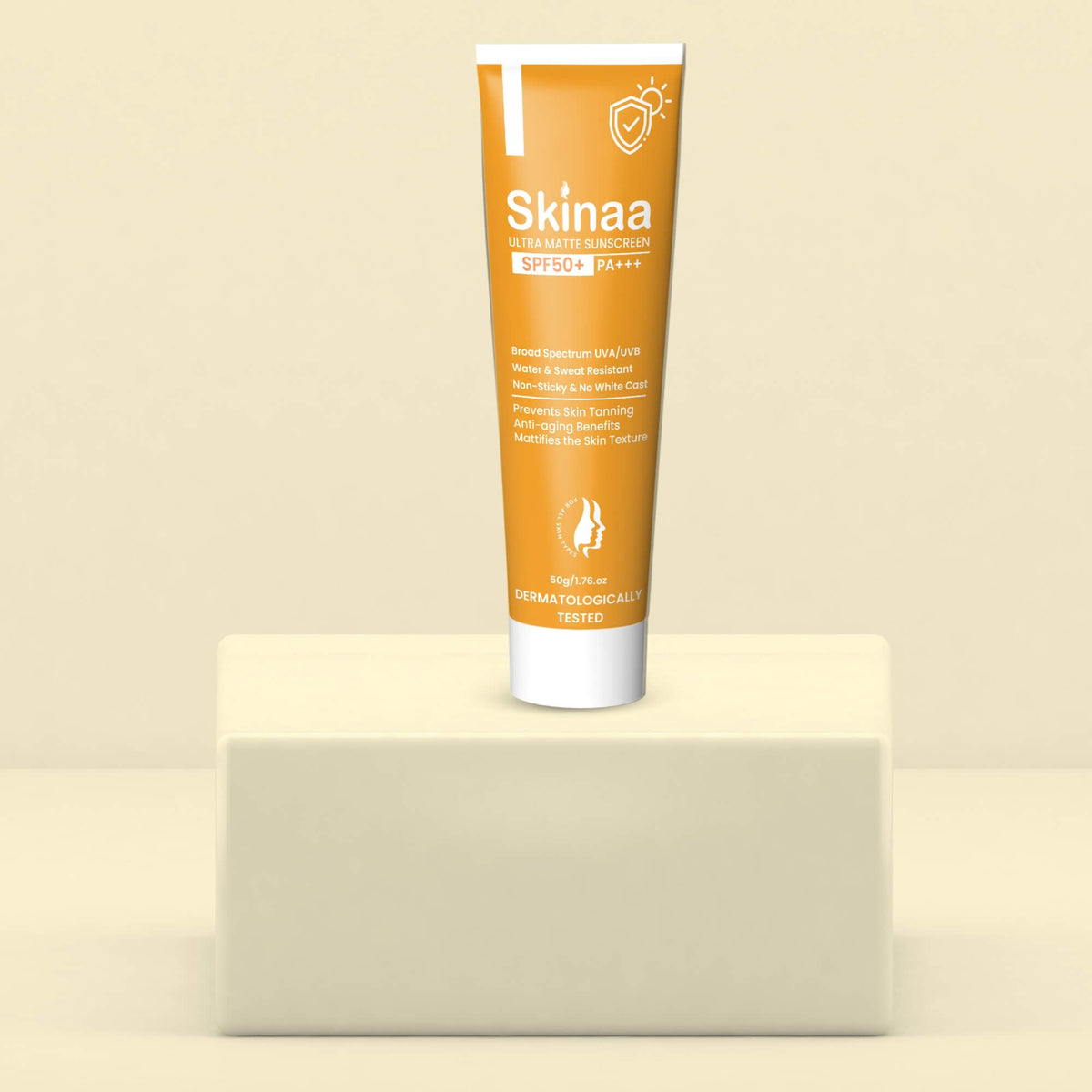 Skinaa Ultra Matte Sunscreen Gel SPF 50+ PA+++ tube displayed on a beige pedestal with minimal background, dermatologically tested sunscreen for oily and acne-prone skin with broad spectrum protection and matte finish