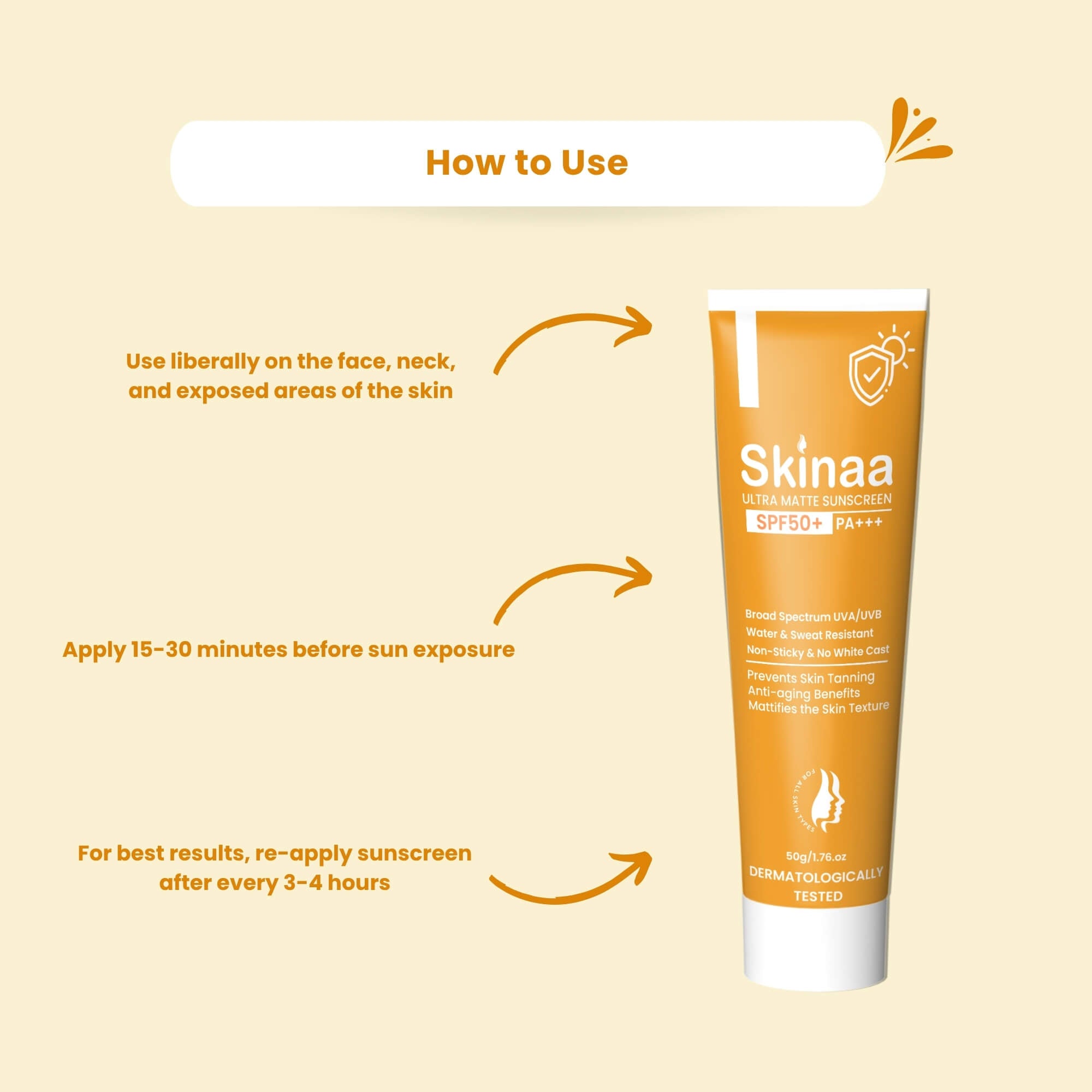 Skinaa Ultra Matte Sunscreen Gel SPF 50+ PA+++ usage guide on yellow background, showing steps: apply liberally on face, neck, and exposed areas, use 15–30 minutes before sun exposure, and reapply every 3–4 hours for best protection