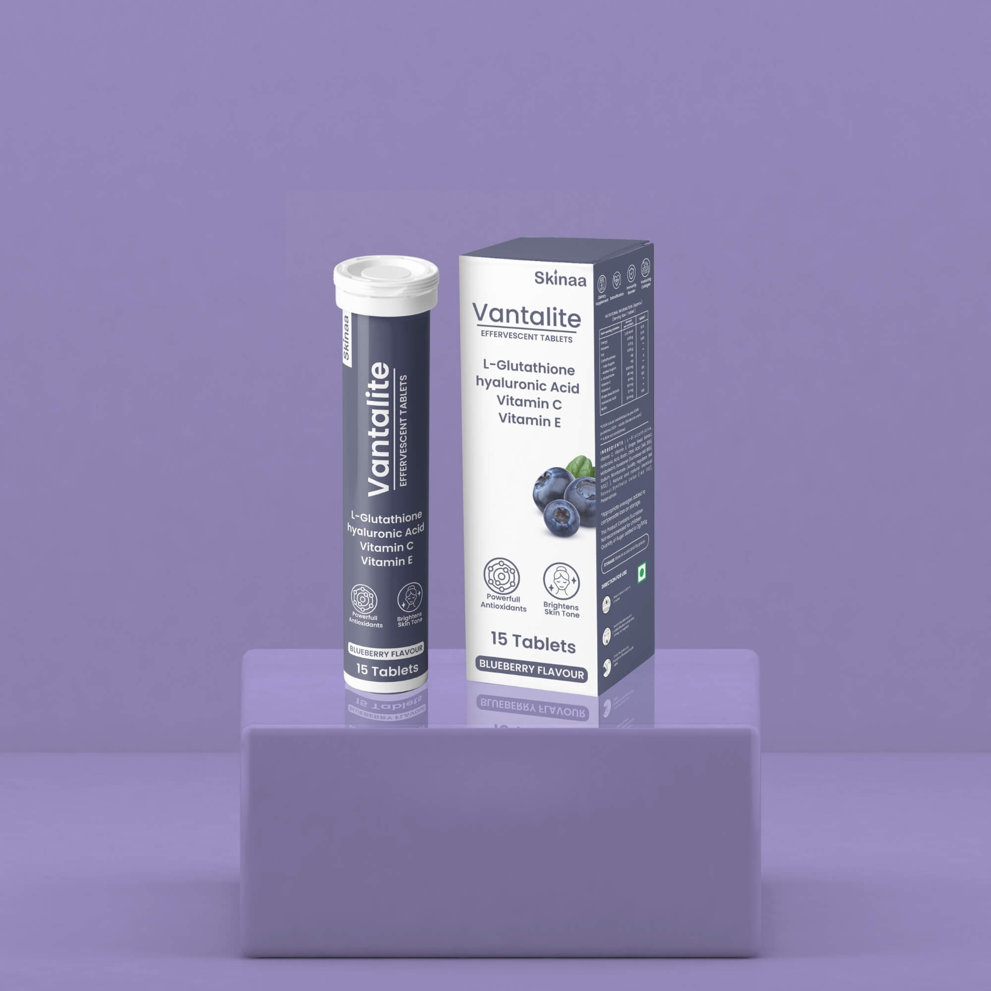 Skinaa Vantalite Effervescent Tablets with L-Glutathione, Hyaluronic Acid, Vitamin C, and Vitamin E in blueberry flavor. Skin-brightening supplement designed to boost energy, improve skin health, and support overall wellness