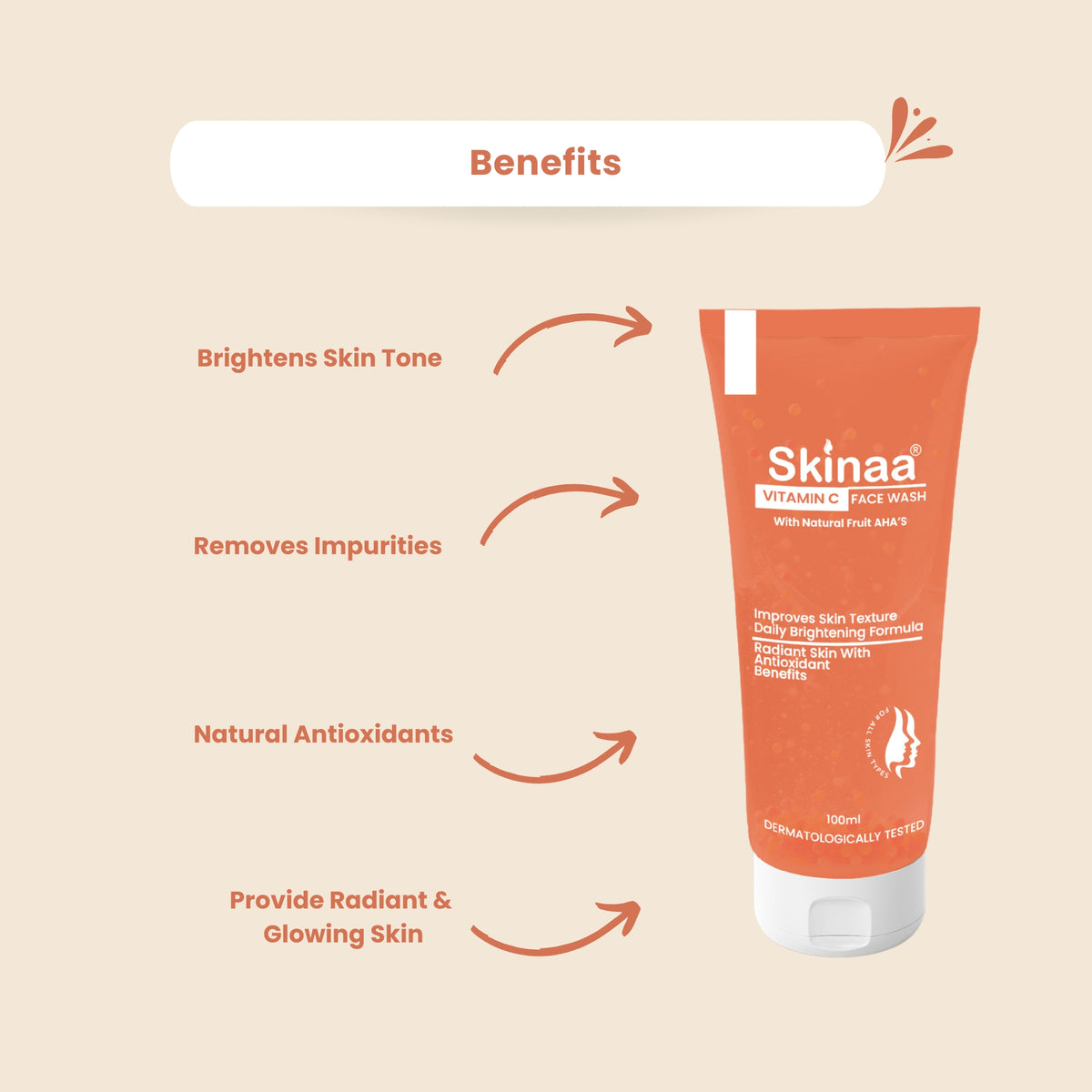 Skinaa Vitamin C Face Wash benefits – brightens skin tone, removes impurities, enriched with natural antioxidants, provides radiant and glowing skin