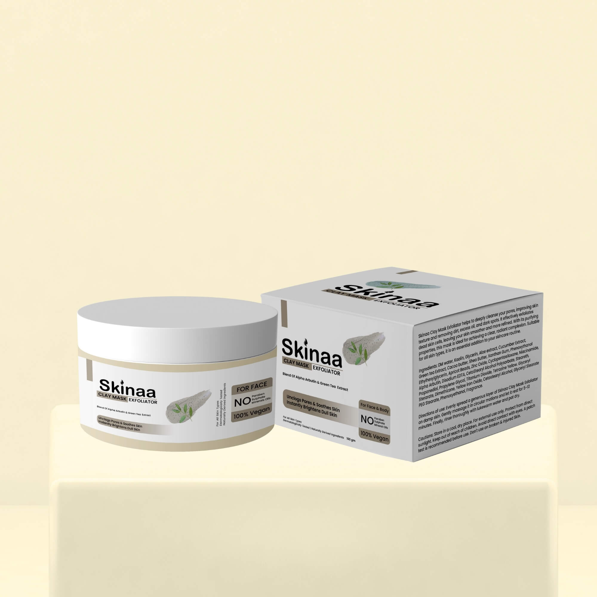 Skinaa Walnut Scrub product photo featuring a round white jar and outer packaging box placed on a beige pedestal, highlighting exfoliating and skin-smoothing benefits