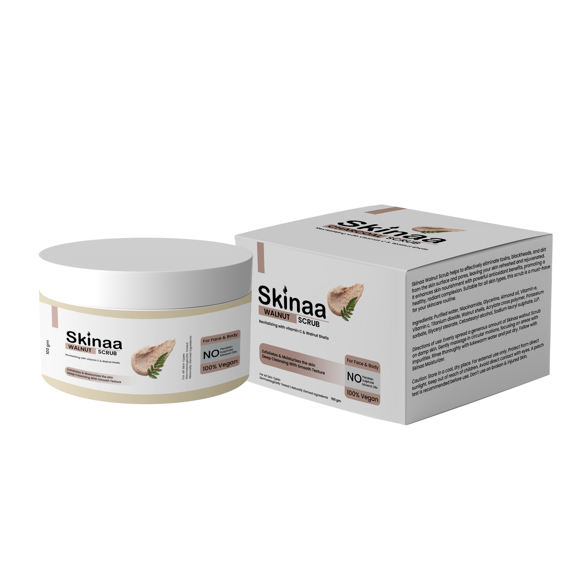 Skinaa Walnut Scrub jar and packaging box – gentle exfoliating scrub with walnut shell powder for smooth and glowing skin.