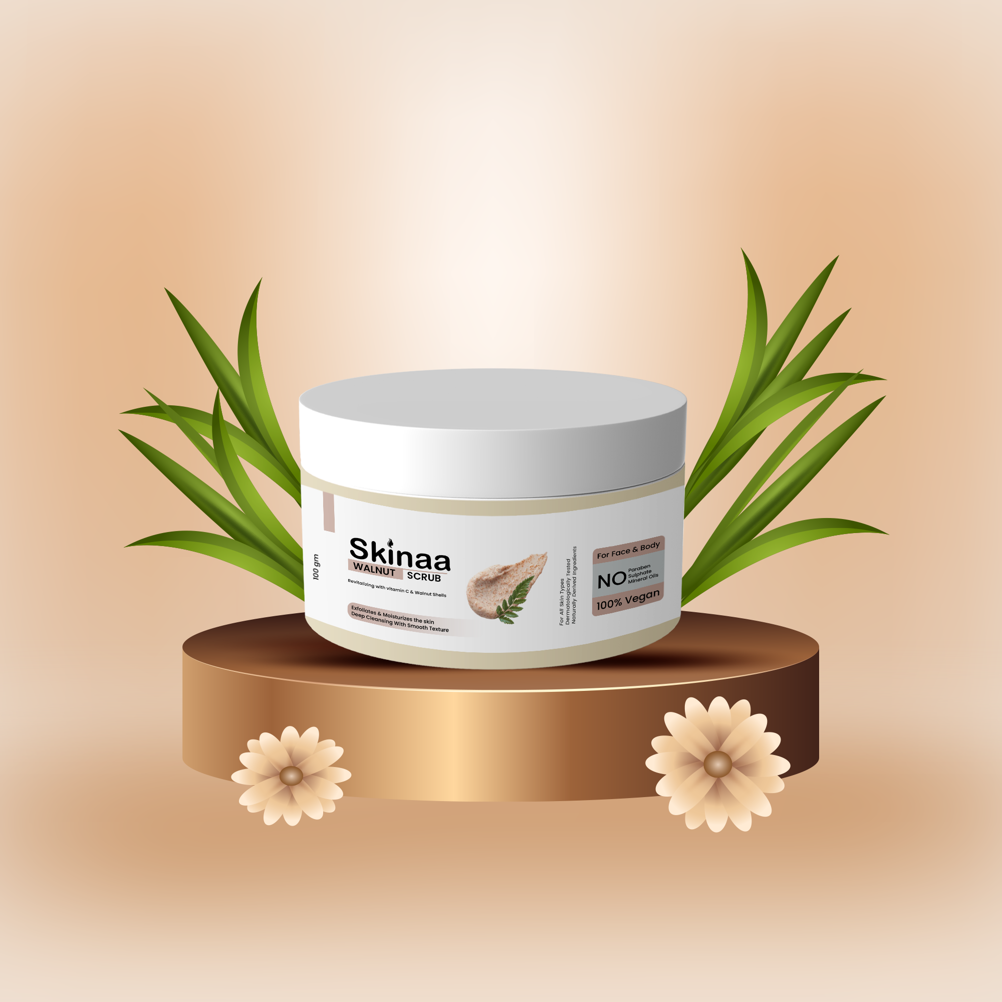 Skinaa Walnut Scrub packshot – natural exfoliating scrub jar placed on a podium with aloe vera leaves and flowers, highlighting its herbal skincare essence