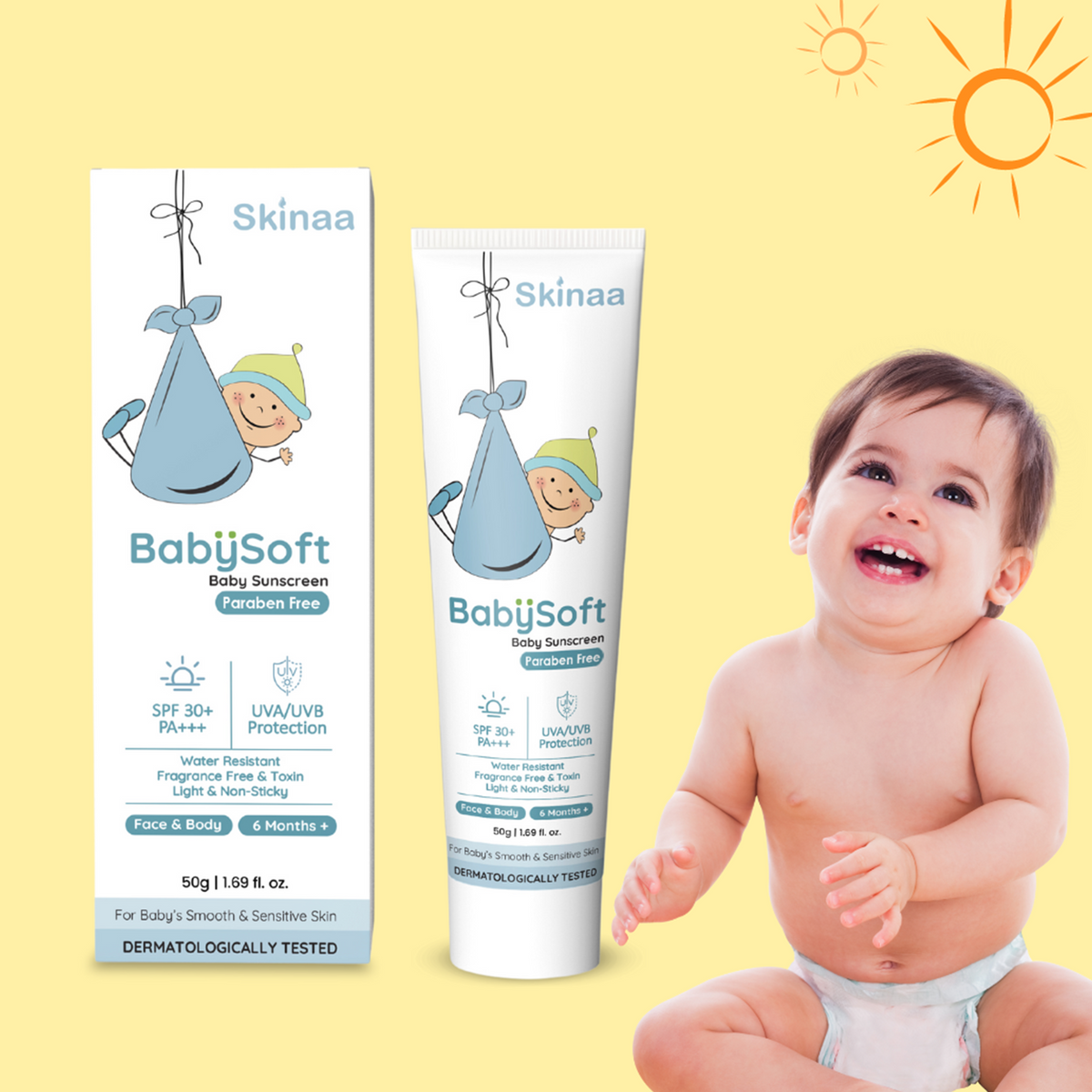 Smiling baby with Skinaa BabySoft Baby Sunscreen SPF 30+ PA+++ paraben-free sunblock, UVA/UVB protection, safe for sensitive baby skin, non-sticky and water-resistant formula