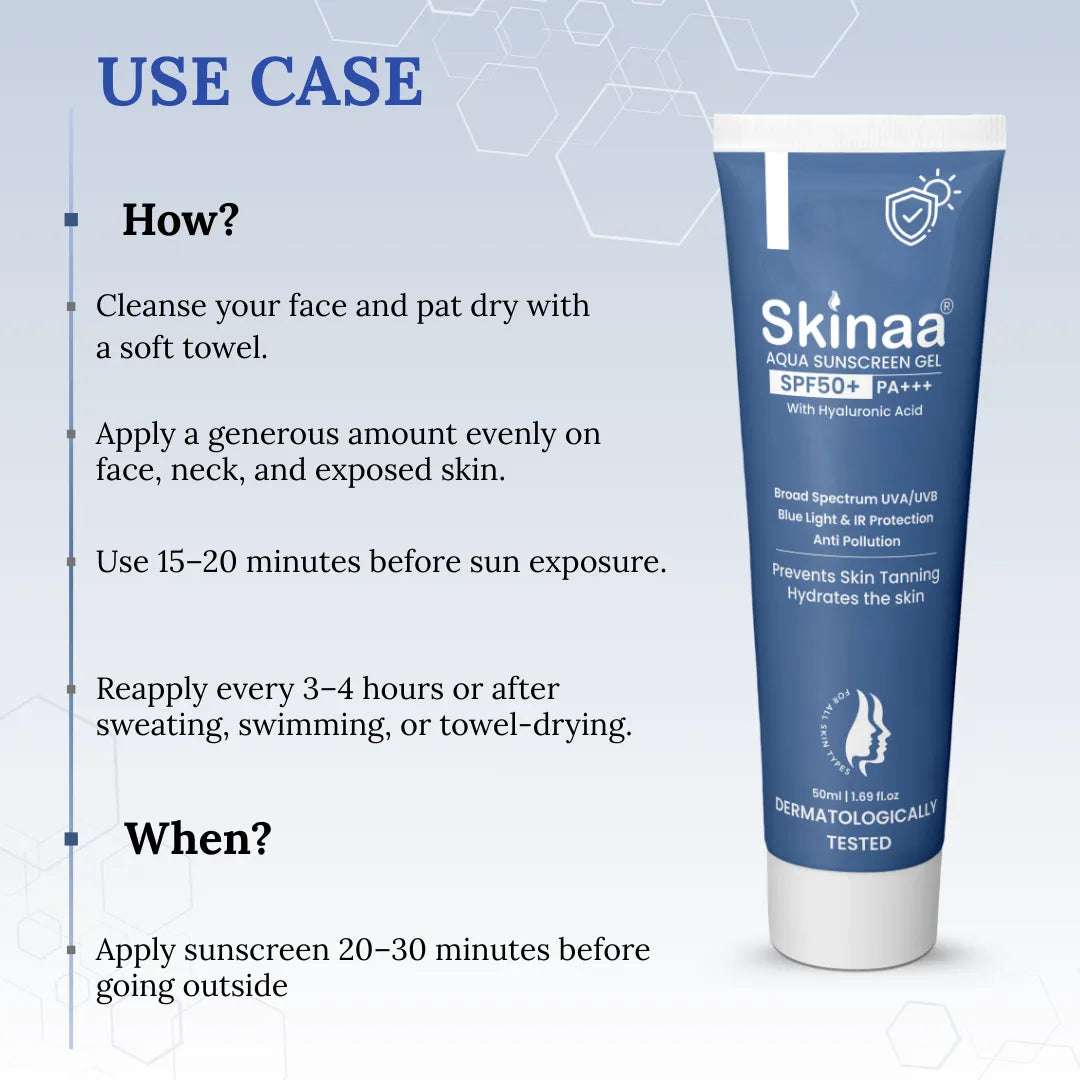 Tube of Skinaa aqua sunscreen gel with usage instructions on a blue background