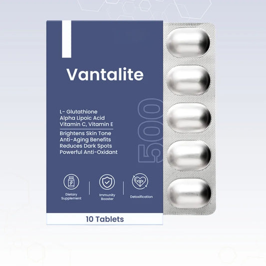 Vantalite supplement packaging with tablets on a light gray background