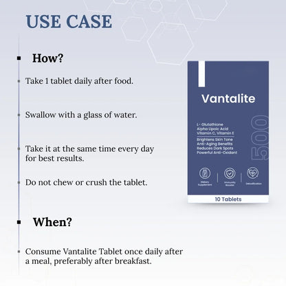 Vantalite supplement packaging with usage instructions on a light blue background
