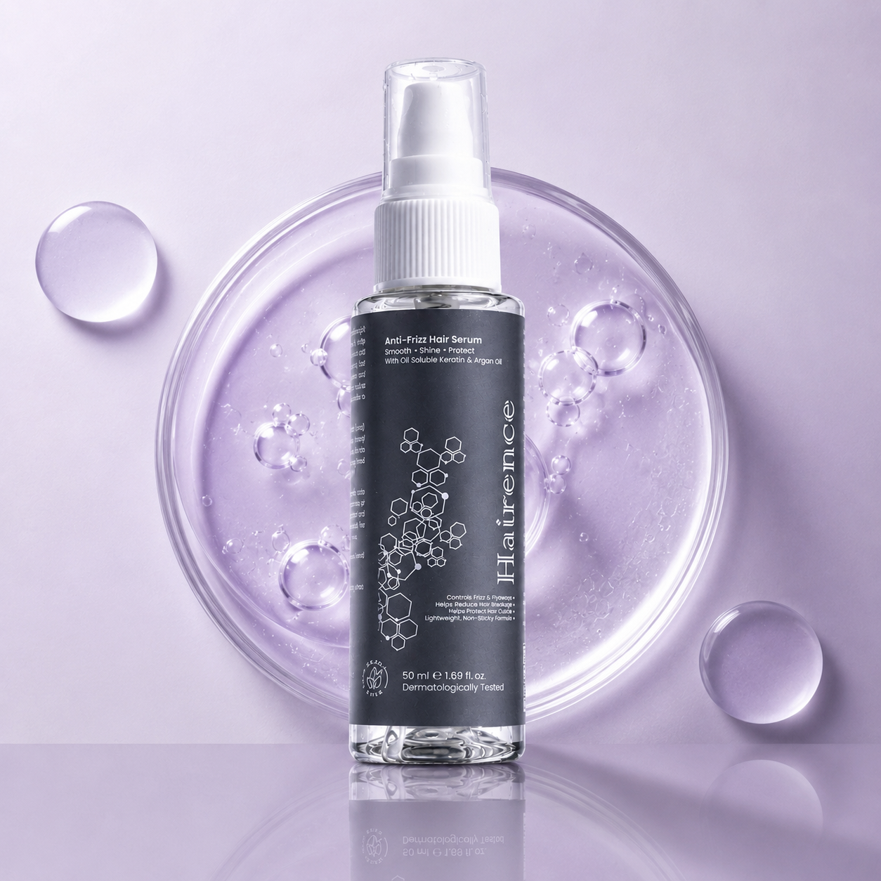 Hairence Anti-Frizz Hair Serum with 2% Dimethicone, 3% Phenyl Trimethicone, Argan Oil & Oil-Soluble Keratin | Smooths Frizz, Enhances Shine & Conditions Dry, Rough Hair for Men & Women