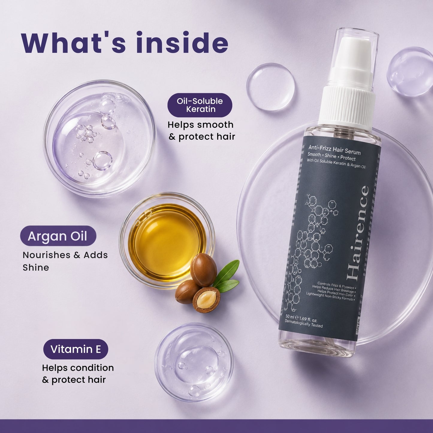 Hairence Anti-Frizz Hair Serum with 2% Dimethicone, 3% Phenyl Trimethicone, Argan Oil & Oil-Soluble Keratin | Smooths Frizz, Enhances Shine & Conditions Dry, Rough Hair for Men & Women