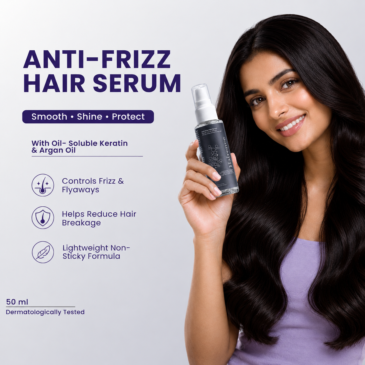 Hairence Anti-Frizz Hair Serum with 2% Dimethicone, 3% Phenyl Trimethicone, Argan Oil & Oil-Soluble Keratin | Smooths Frizz, Enhances Shine & Conditions Dry, Rough Hair for Men & Women