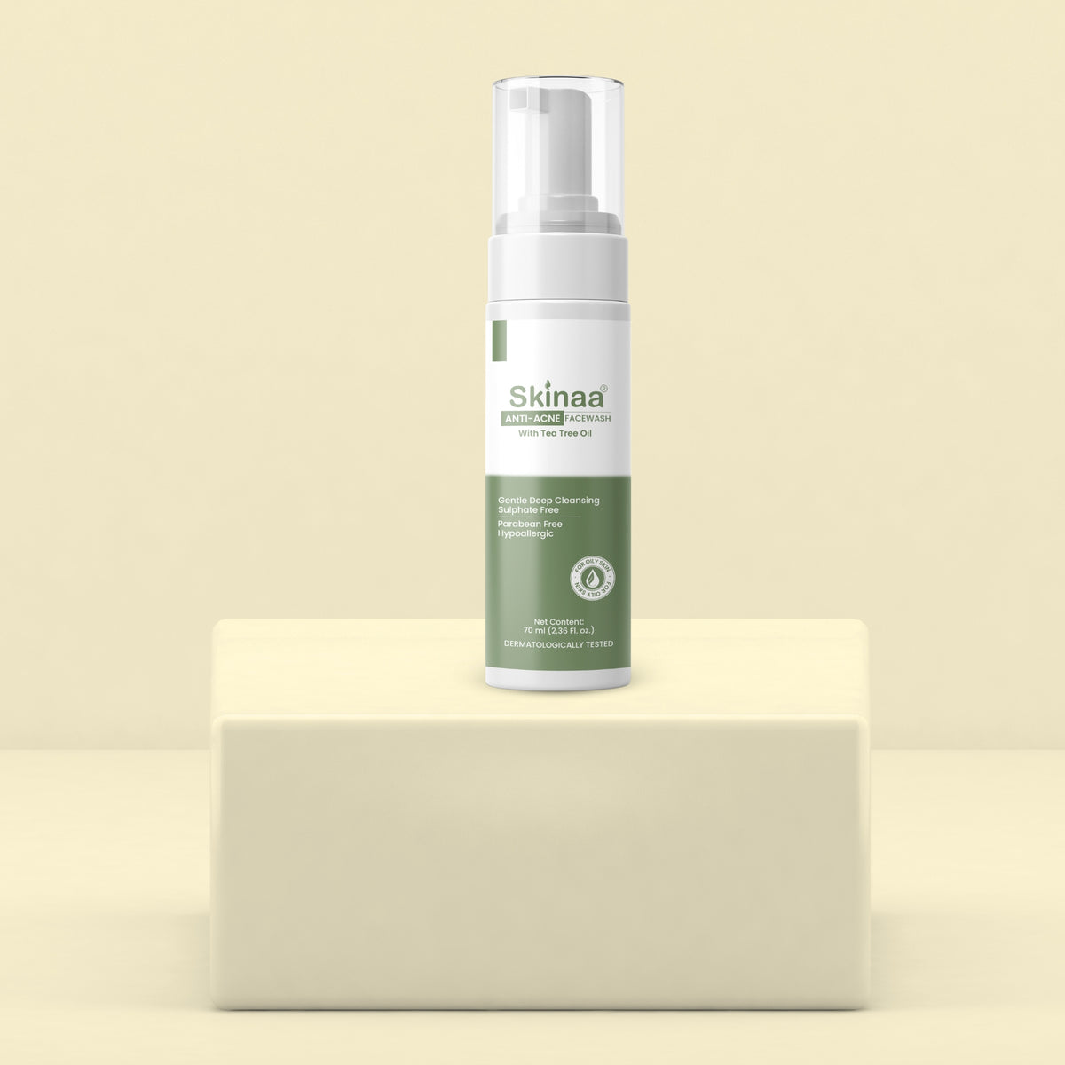 Skinaa Anti-Acne Foaming Face Wash bottle – gentle cleanser with tea tree oil, reduces acne and redness, sulphate & paraben free, placed on minimal beige background