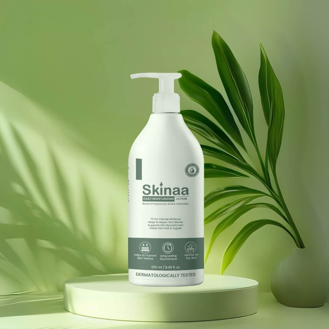 Skinaa Body Moisturizing Lotion with Shea Butter, Aloe Vera, and Olive Oil – dermatologist tested hydrating body lotion for soft, smooth, and nourished skin, showcased on a green background with natural leaves